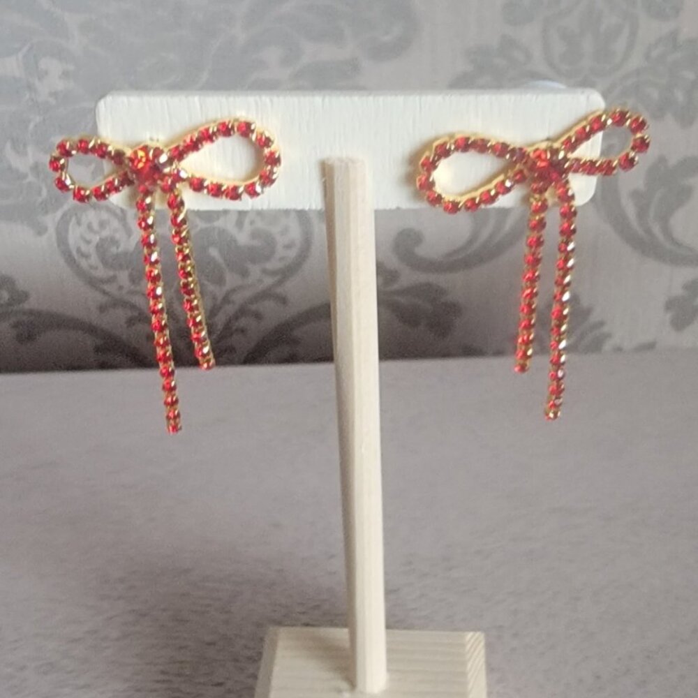 Red Bow Rhinestone Earrings